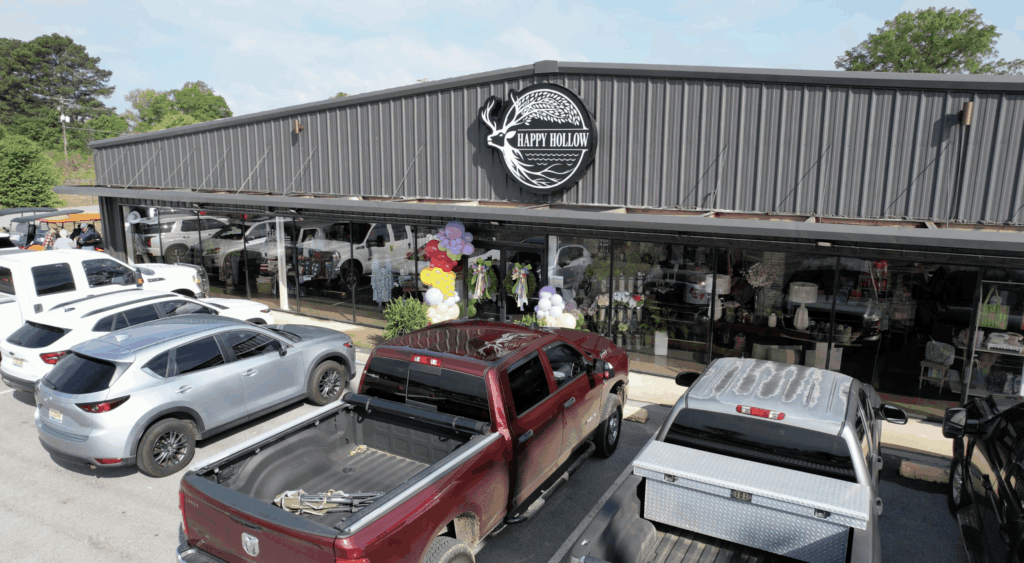 Arial view of the Happy Hollow store in Florence, Alabama with cars parked out front